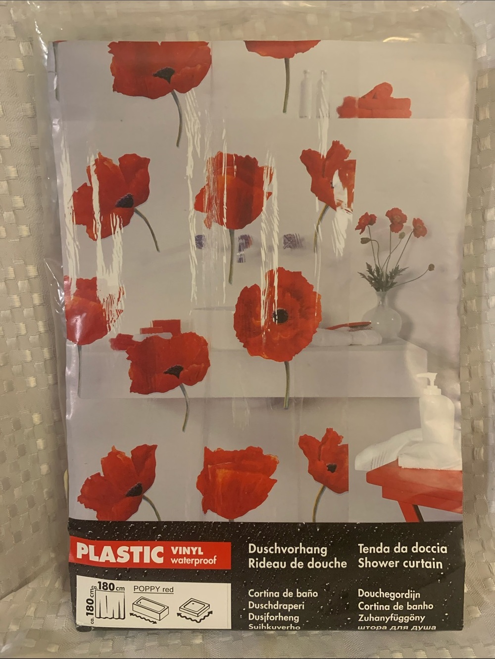 Poppy Red Floral Vinyl Shower Curtain, new, 180 cm x 180 cm.